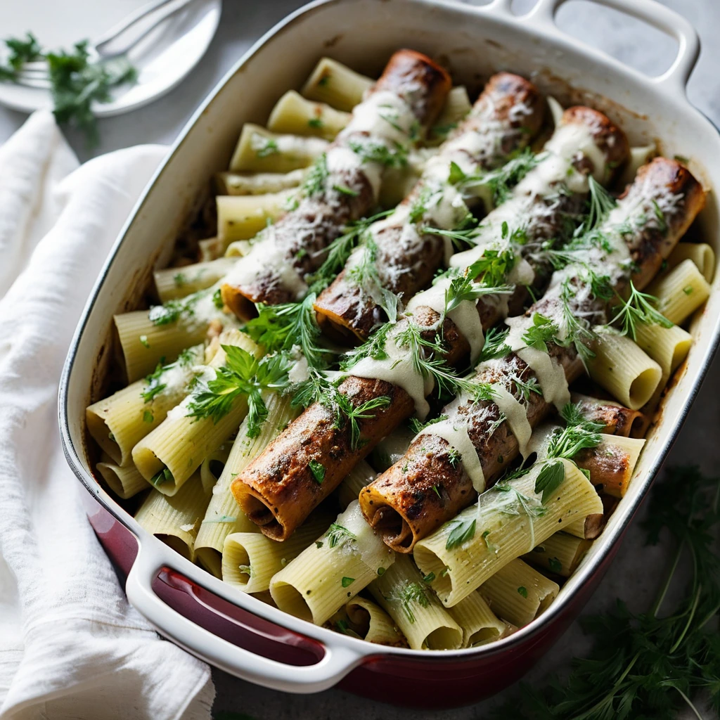 Baked rigatoni pasta dish with a golden cheese topping, flecked with green herbs.
