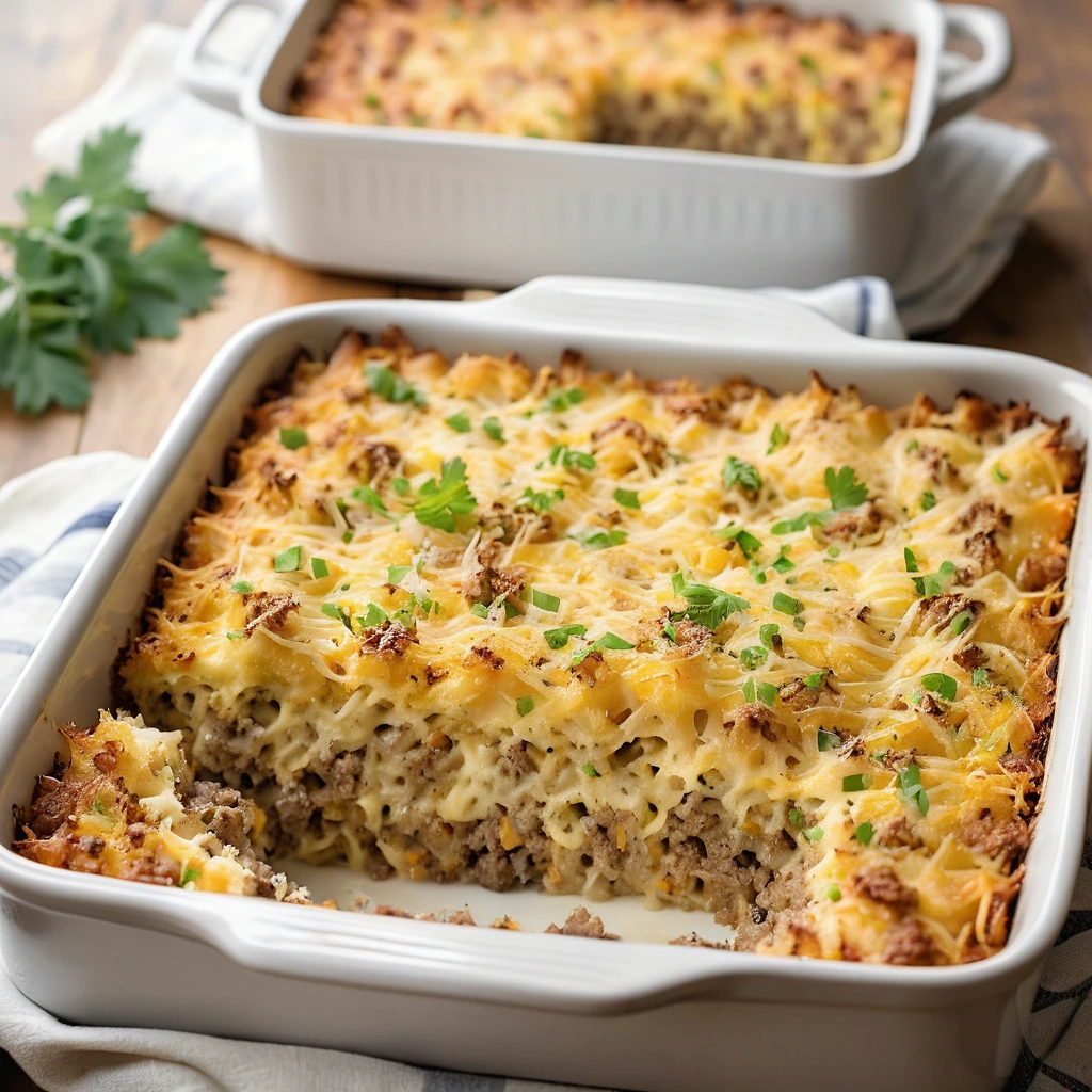 Baked casserole in a rectangular dish with layers of hash browns, sausage, and melted cheddar cheese, topped with green onions.
