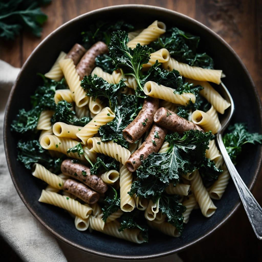 A rustic bowl of pasta topped with green kale and crumbled sausage, drizzled with olive oil.