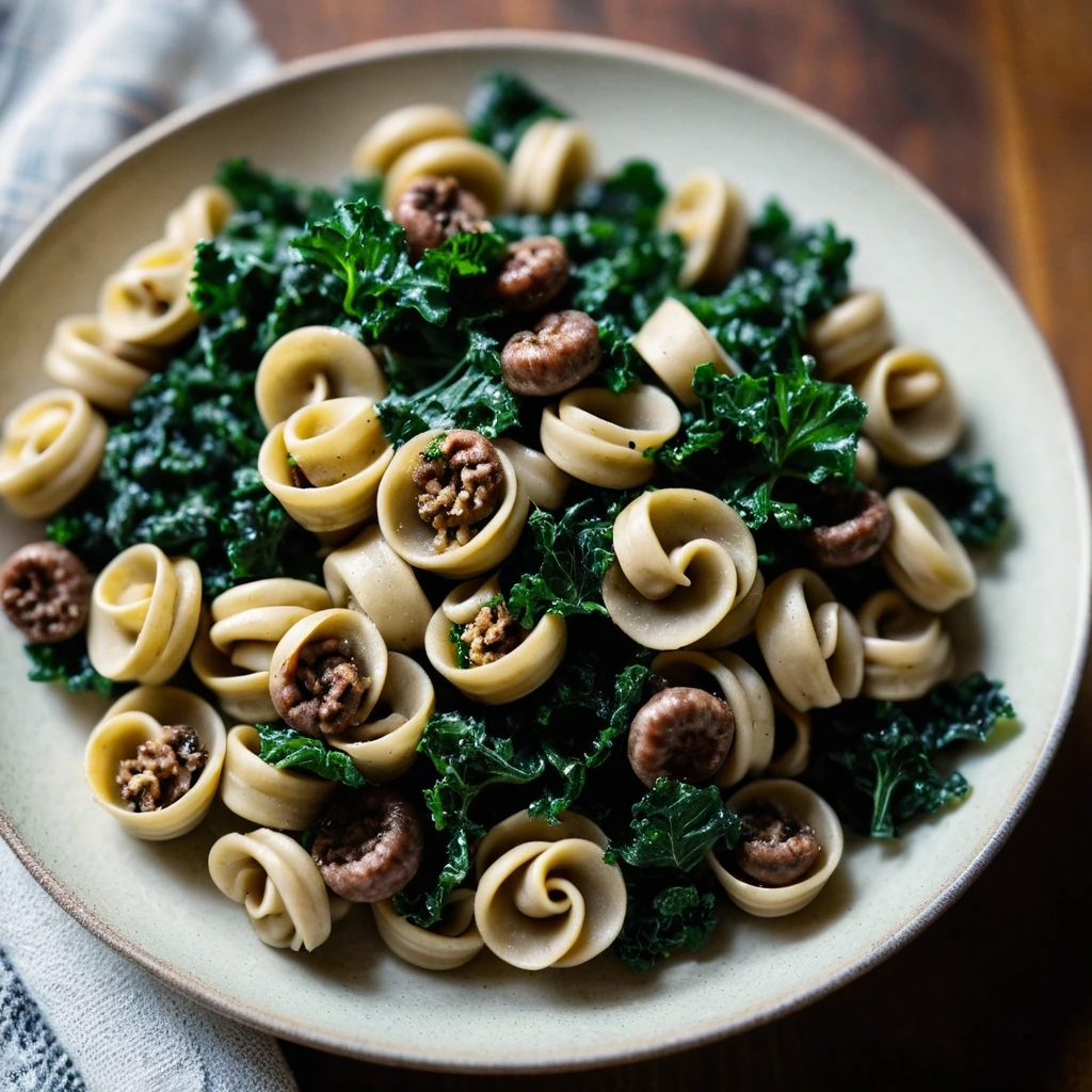 Bowl of pasta with green kale and brown sausage crumbles