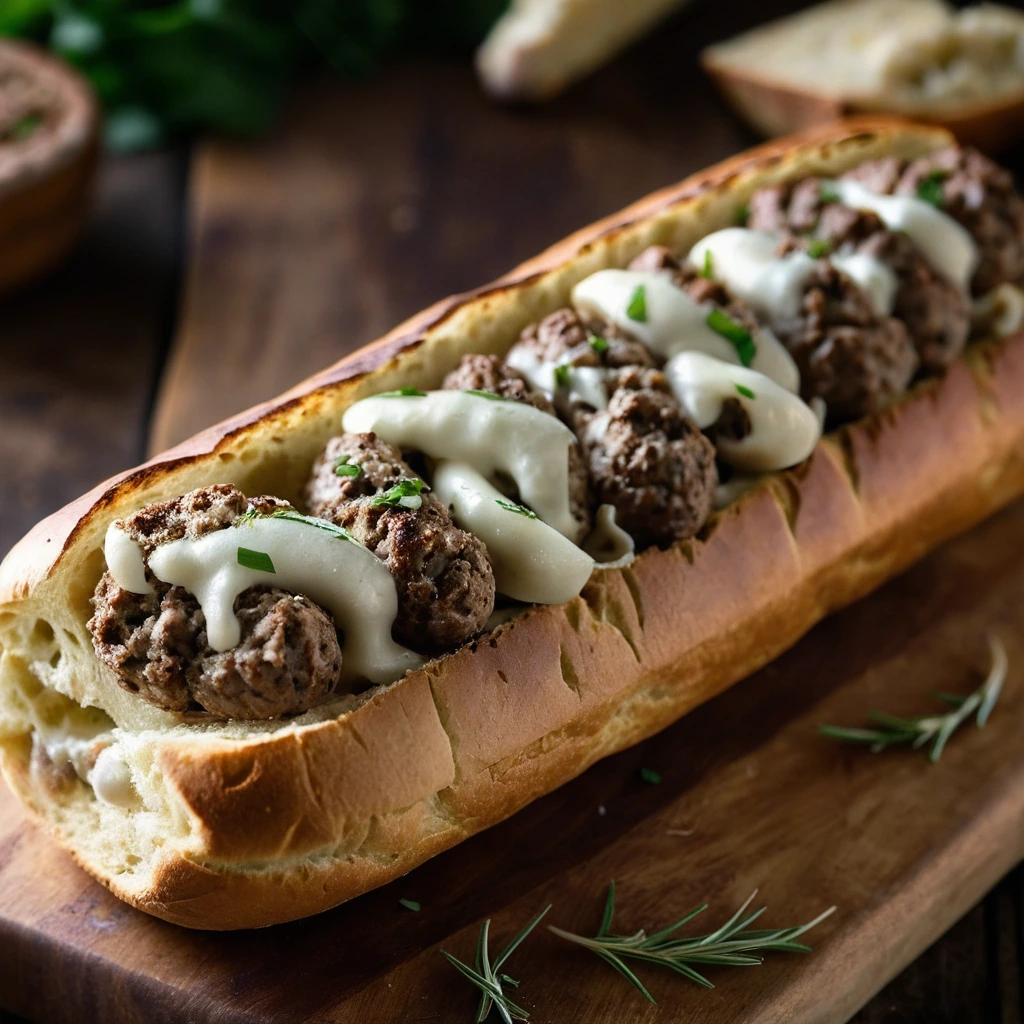 Golden-brown loaf of garlic bread stuffed with melted mozzarella and crumbled sausage on a rustic wooden board.