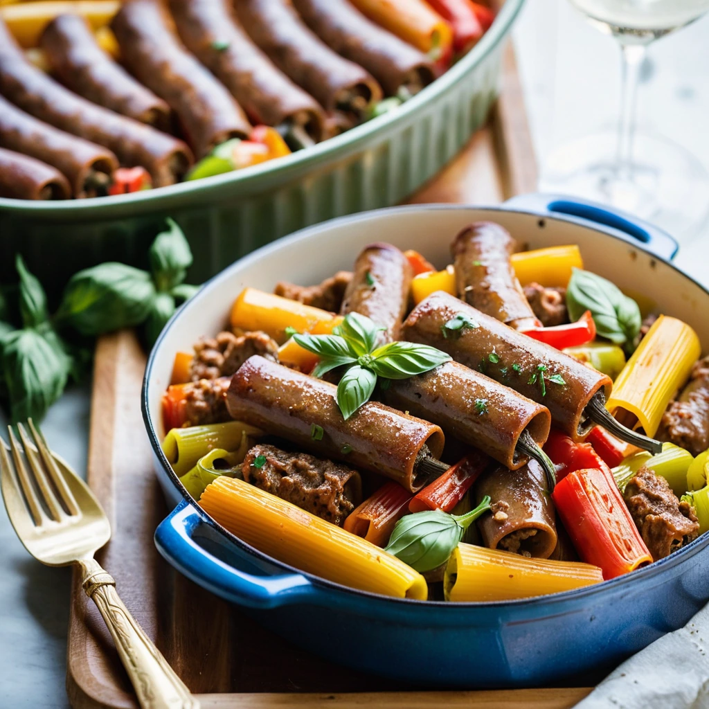 Baked rigatoni pasta with melted cheese on top, surrounded by Italian sausage and colorful bell peppers.
