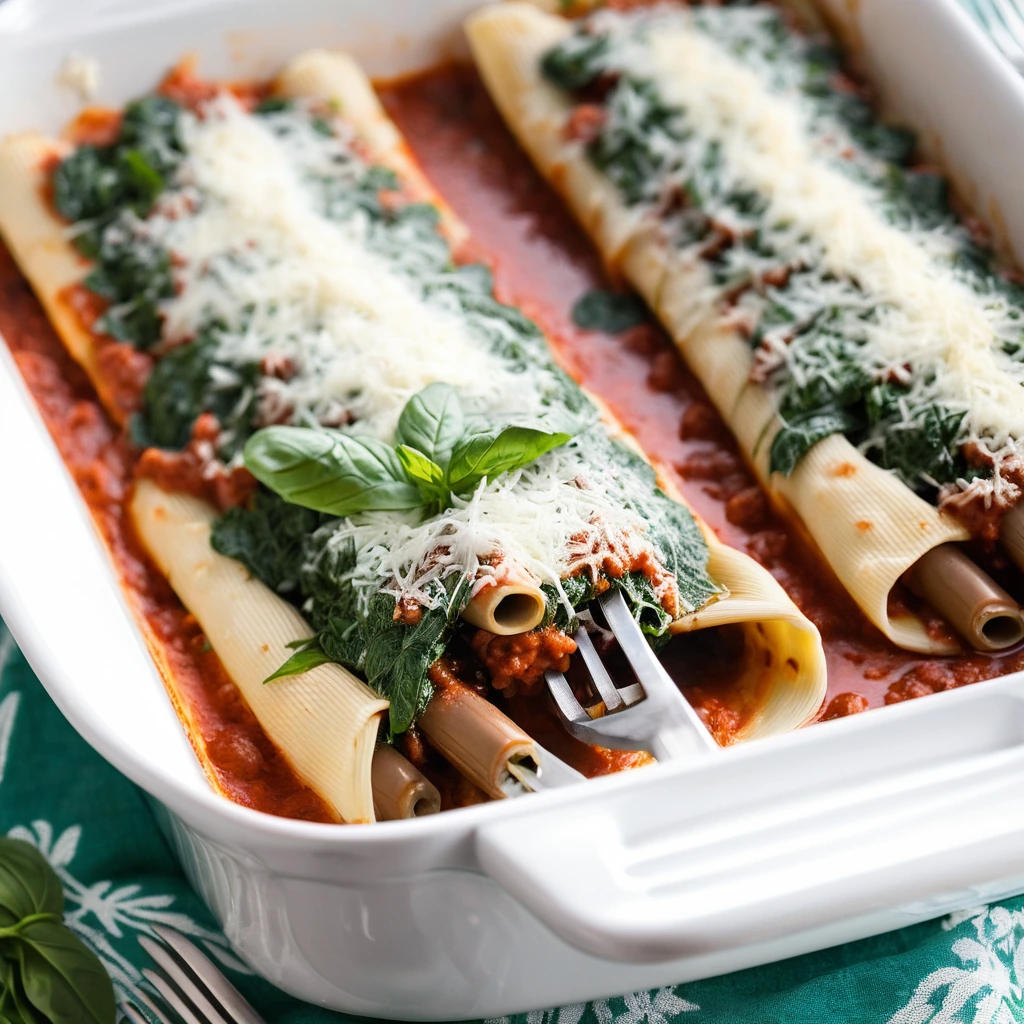 Baked manicotti shells in a red sauce topped with melted mozzarella cheese on a serving plate.
