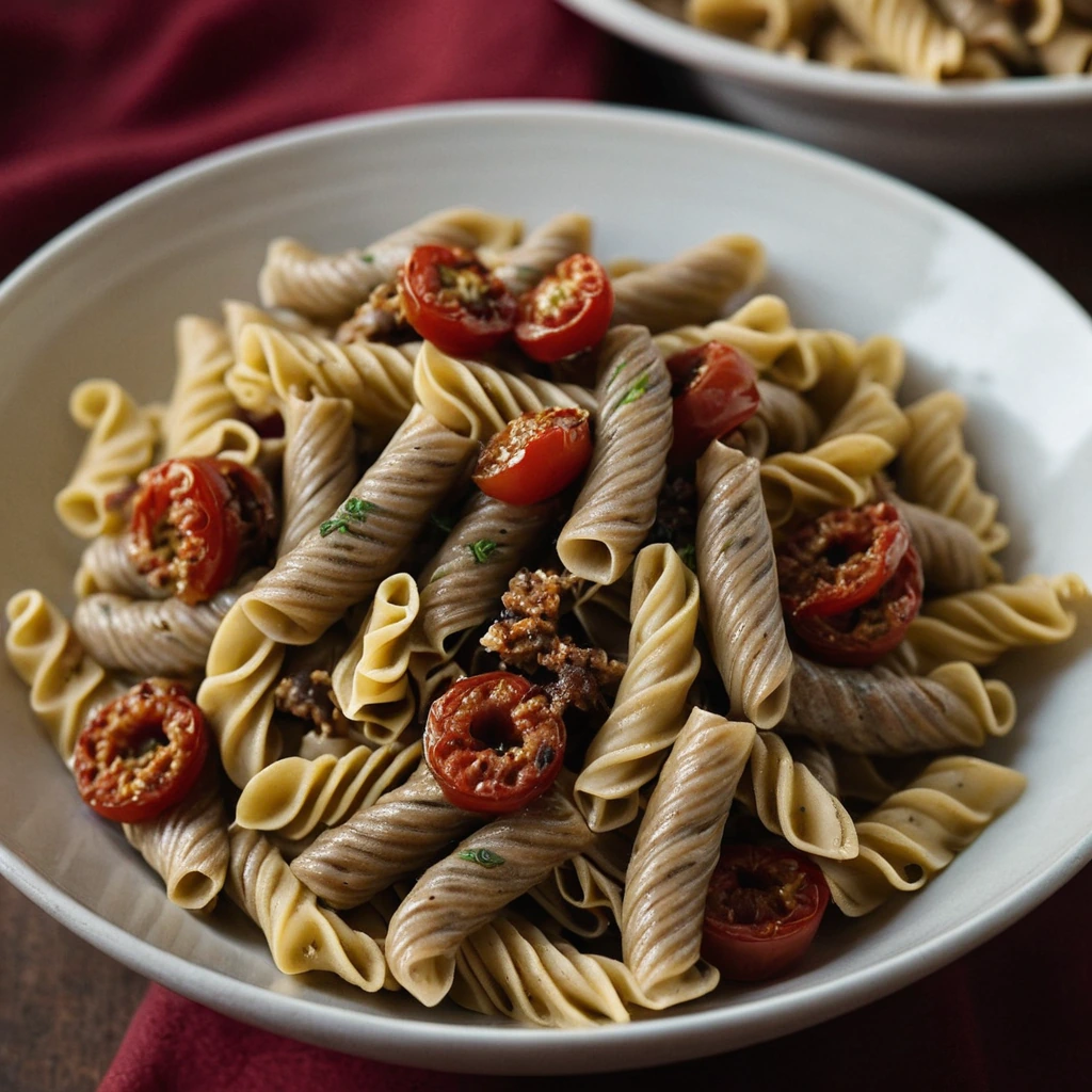 Golden farfalle pasta in a bowl with browned sausage and vibrant red sun-dried tomatoes.