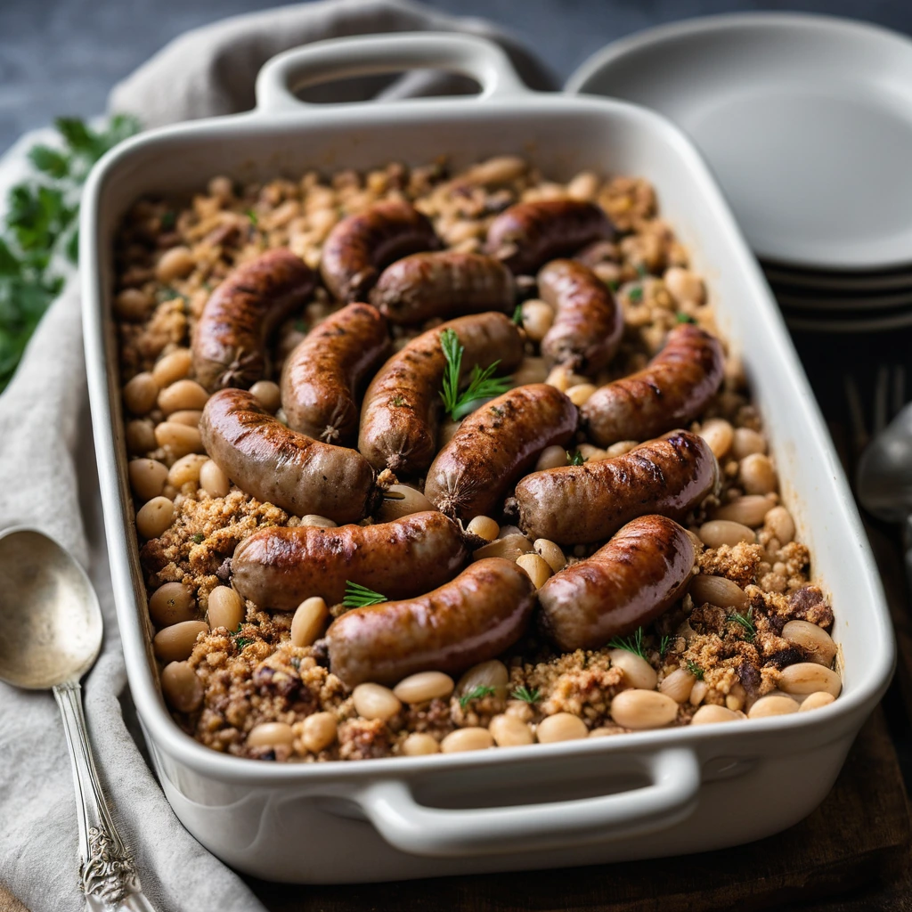 Browning casserole dish with golden breadcrumbs topping and hearty sausage and beans below.