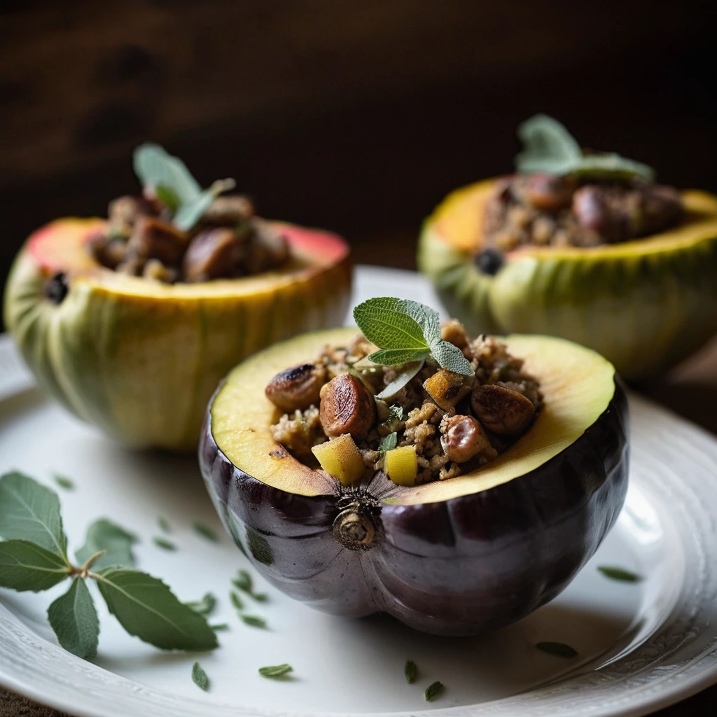 Golden acorn squash halves, stuffed with a rustic mixture of sausage, diced apples, and sage, roasted to perfection.