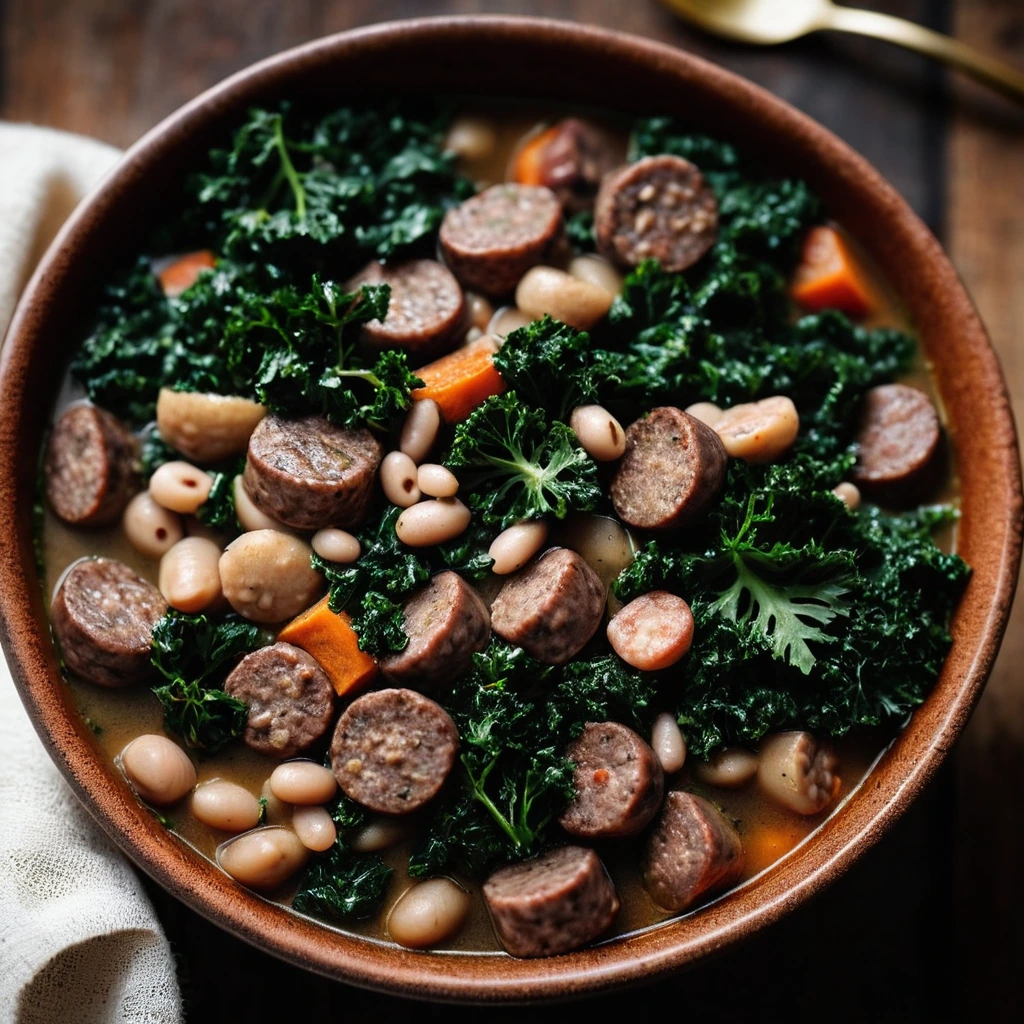 Rustic bowl of chunky stew with green kale leaves, white beans, and browned sausage chunks.