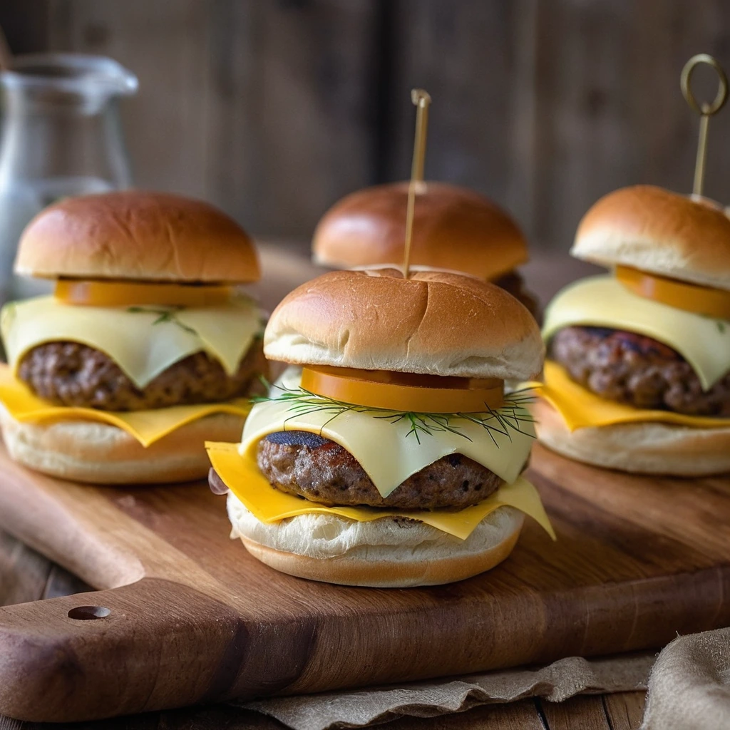 Mini breakfast sliders with golden buns, filled with sausage, egg, and melted cheddar, arranged on a rustic wooden board.