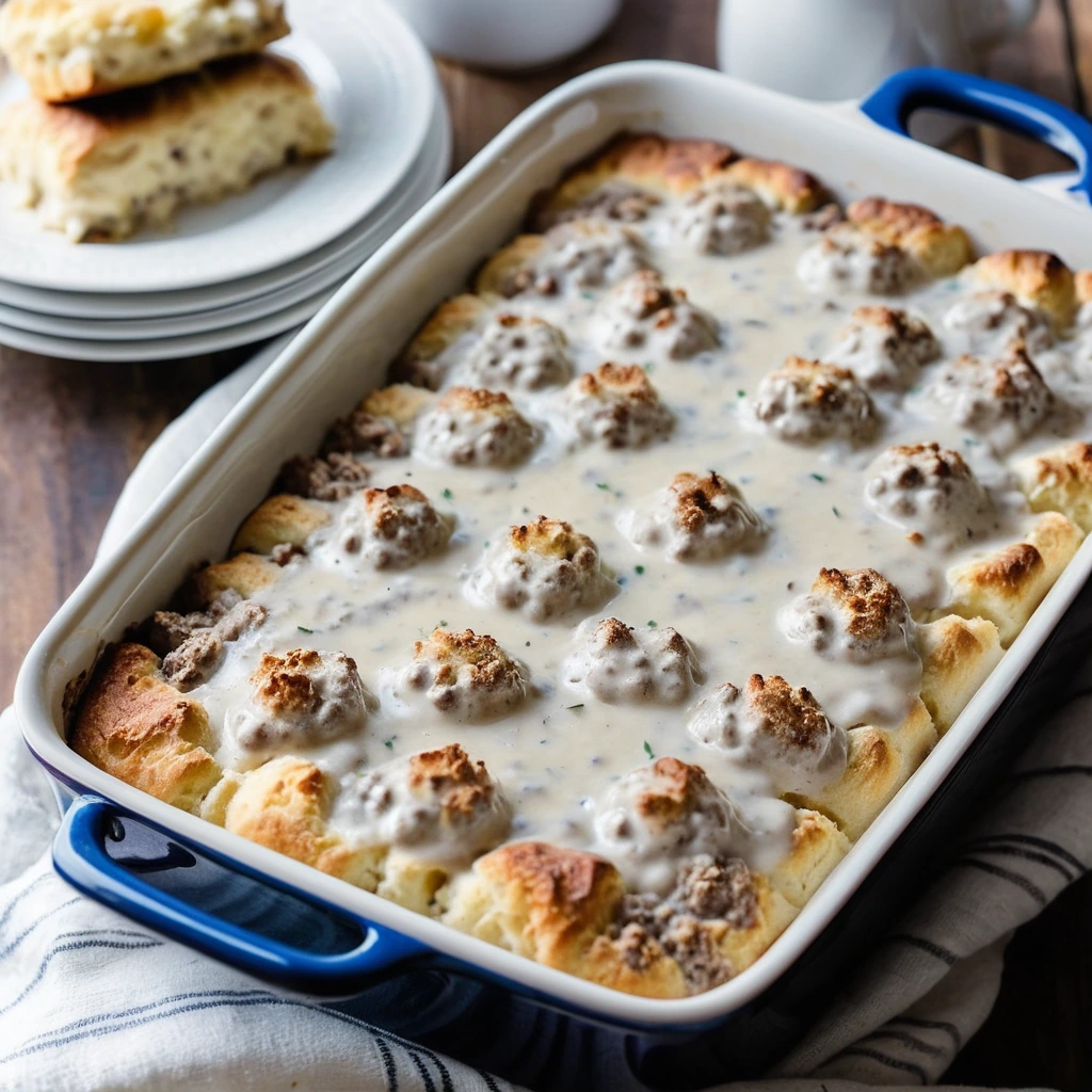 Golden biscuits covered in creamy white sausage gravy with melted cheese, served in a baking dish.