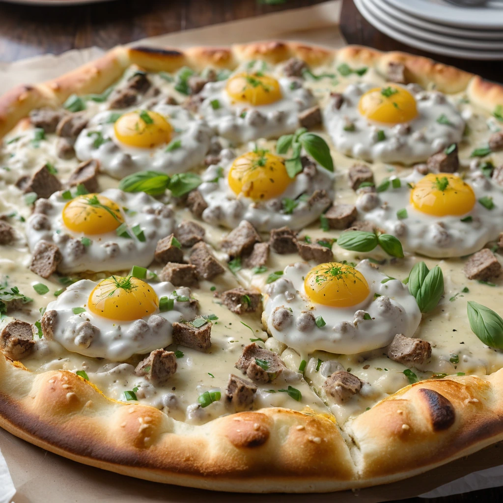 Golden pizza crust topped with creamy white gravy, scrambled eggs, and green chives.
