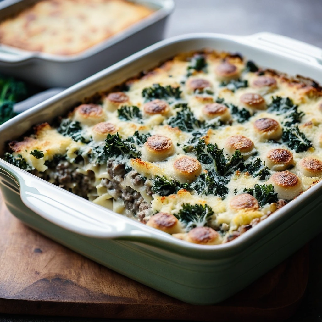 A golden bubbly casserole in a baking dish with layers of potato, sausage, and kale, topped with melted cheese.