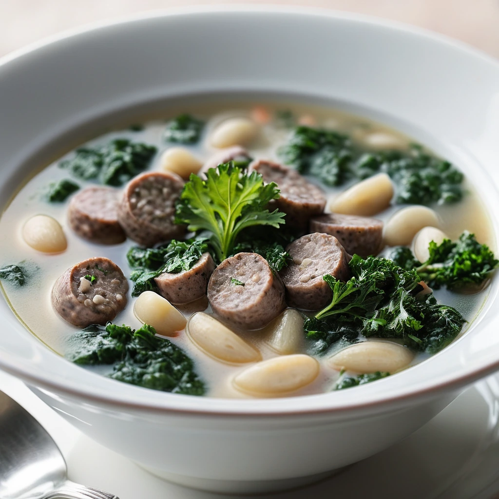 A steaming bowl of vibrant green kale, creamy white beans, and crumbled sausage in a golden broth, garnished with fresh parsley.