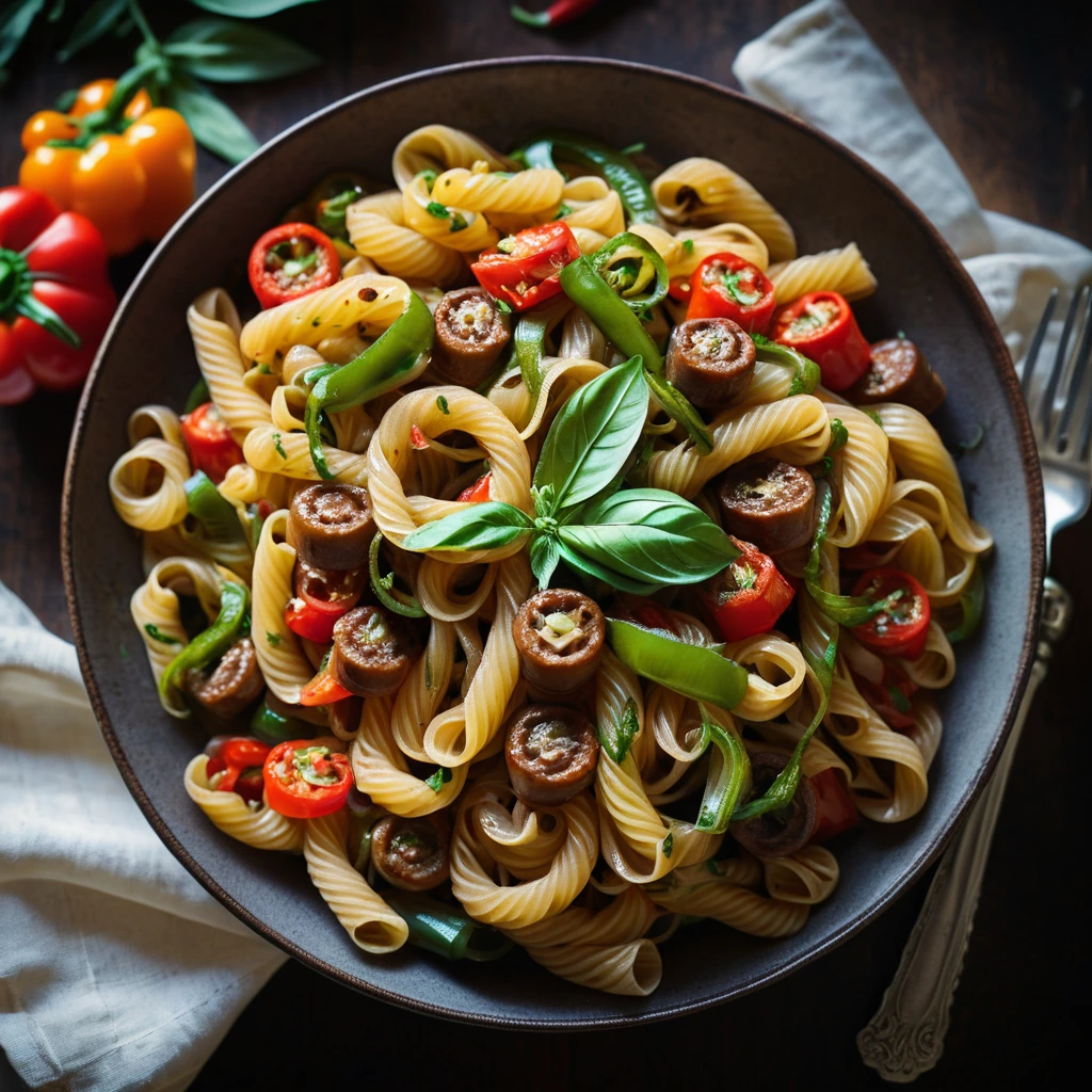 Golden pasta twirled with vibrant red sauce, flecks of green peppers, and caramelized onions in a wide serving bowl.