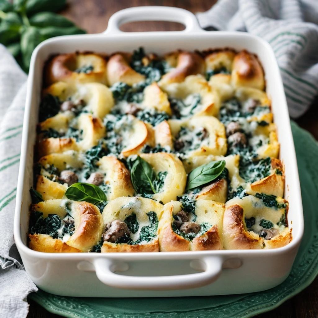 Golden casserole dish filled with bubbly, golden-brown breakfast bake topped with melted cheese and green spinach.