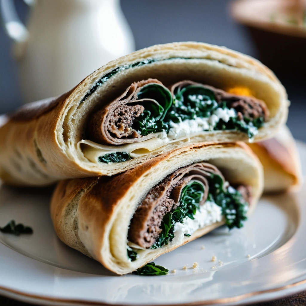 Crispy golden stromboli slice with green spinach peeking through, dusted with parmesan.