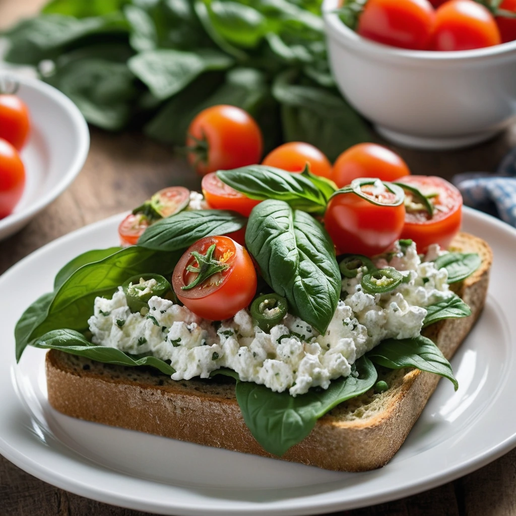 Golden toast topped with creamy white cottage cheese, vibrant green spinach, red diced tomatoes, and a sprinkle of black pepper.