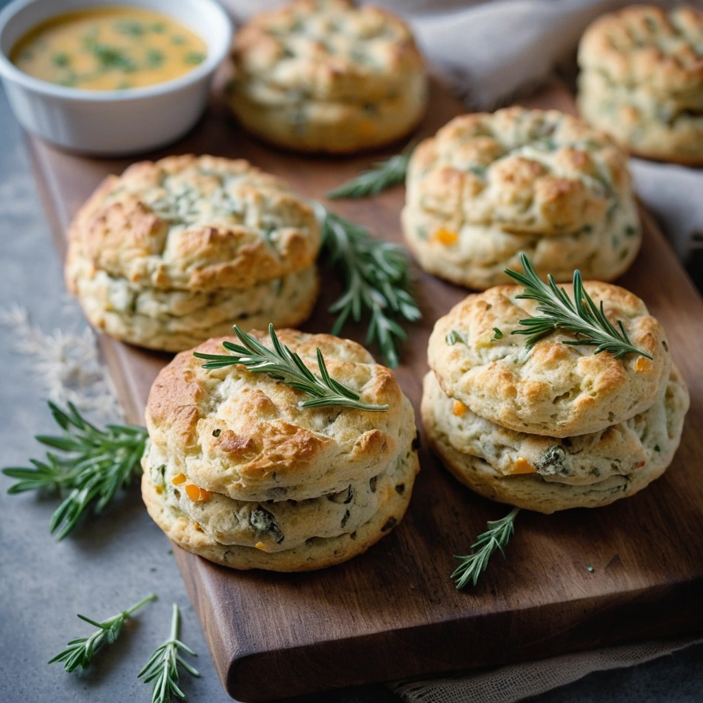 Golden brown scones with flecks of green herbs on a rustic wooden board.