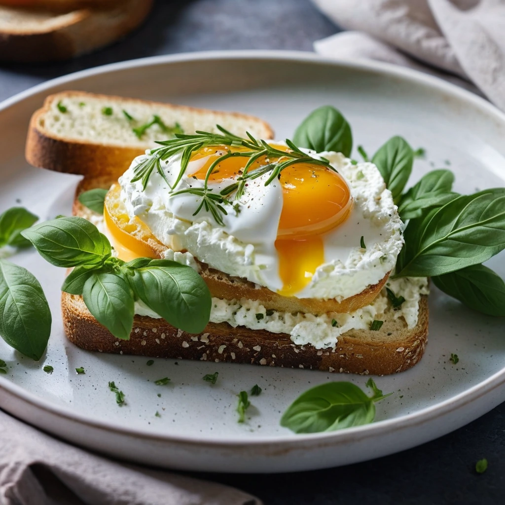 Golden toasted bread topped with creamy ricotta, fresh herbs, and a runny egg yolk.