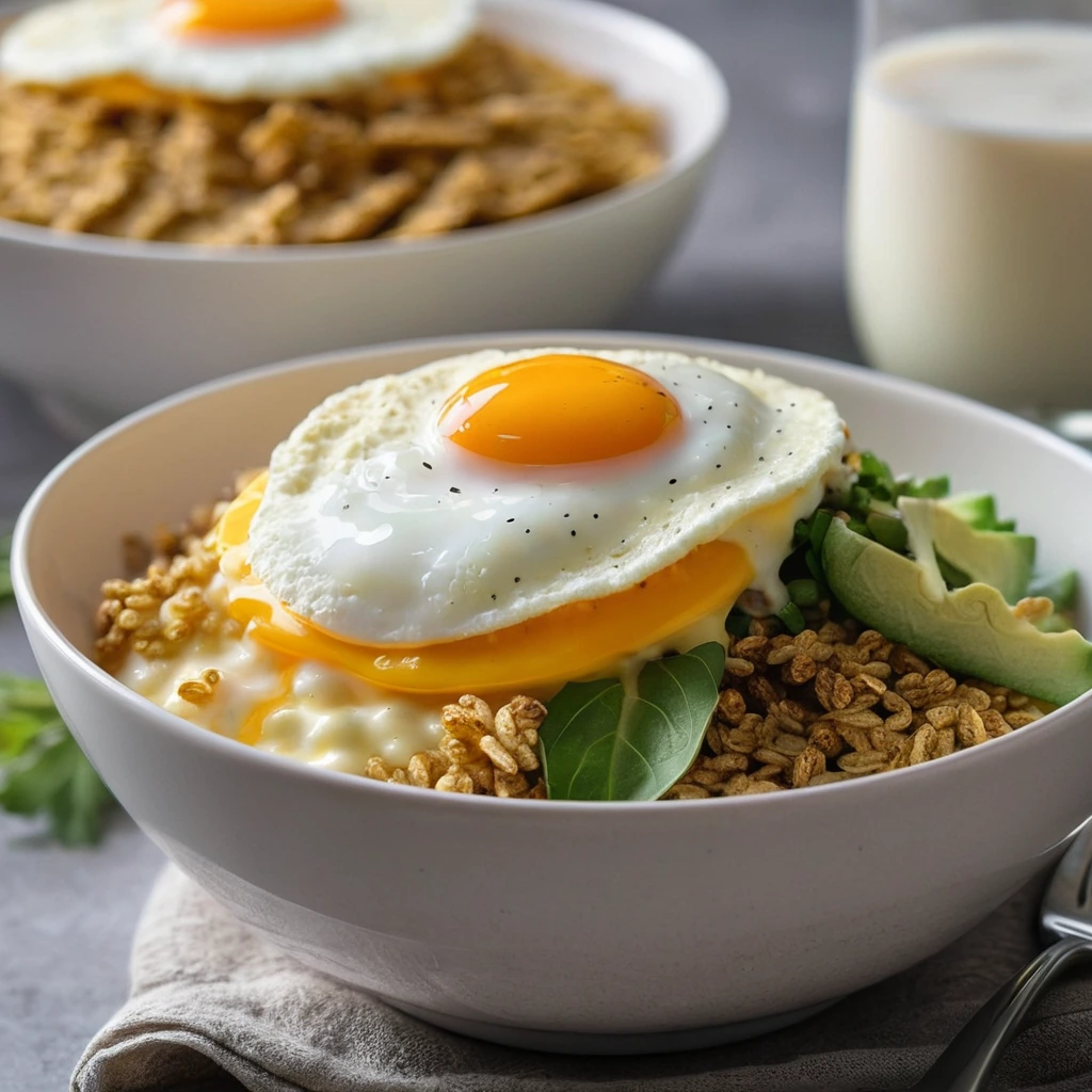 Bowl of golden savory oatmeal topped with a sunny-side-up egg and melted cheddar cheese.