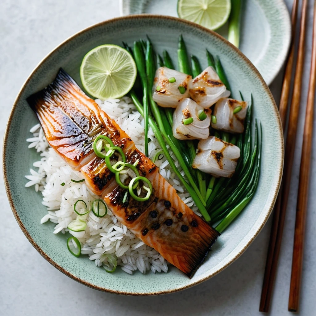 A drizzle of green scallions and golden ginger over fragrant rice and grilled fish on a white plate.
