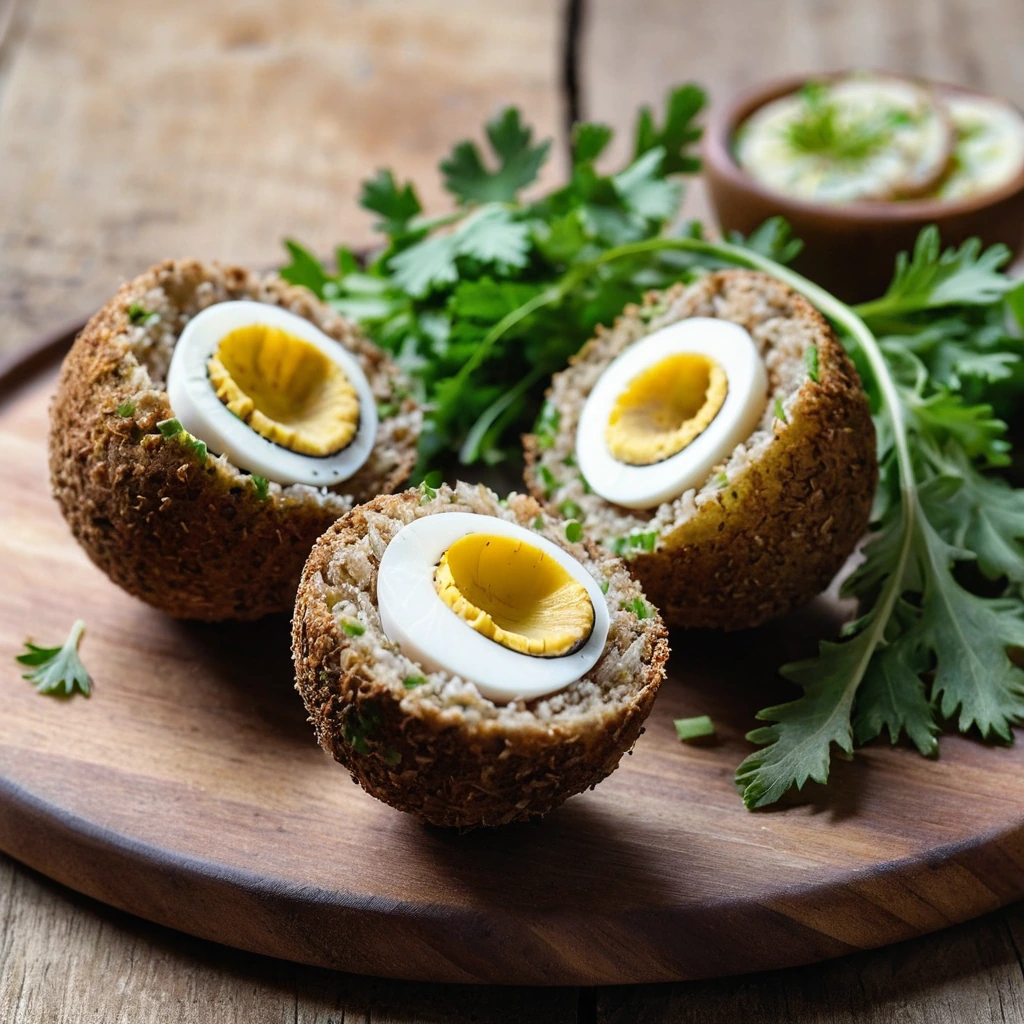 Two golden-brown, round Scotch eggs on a rustic wooden board with fresh parsley garnish.