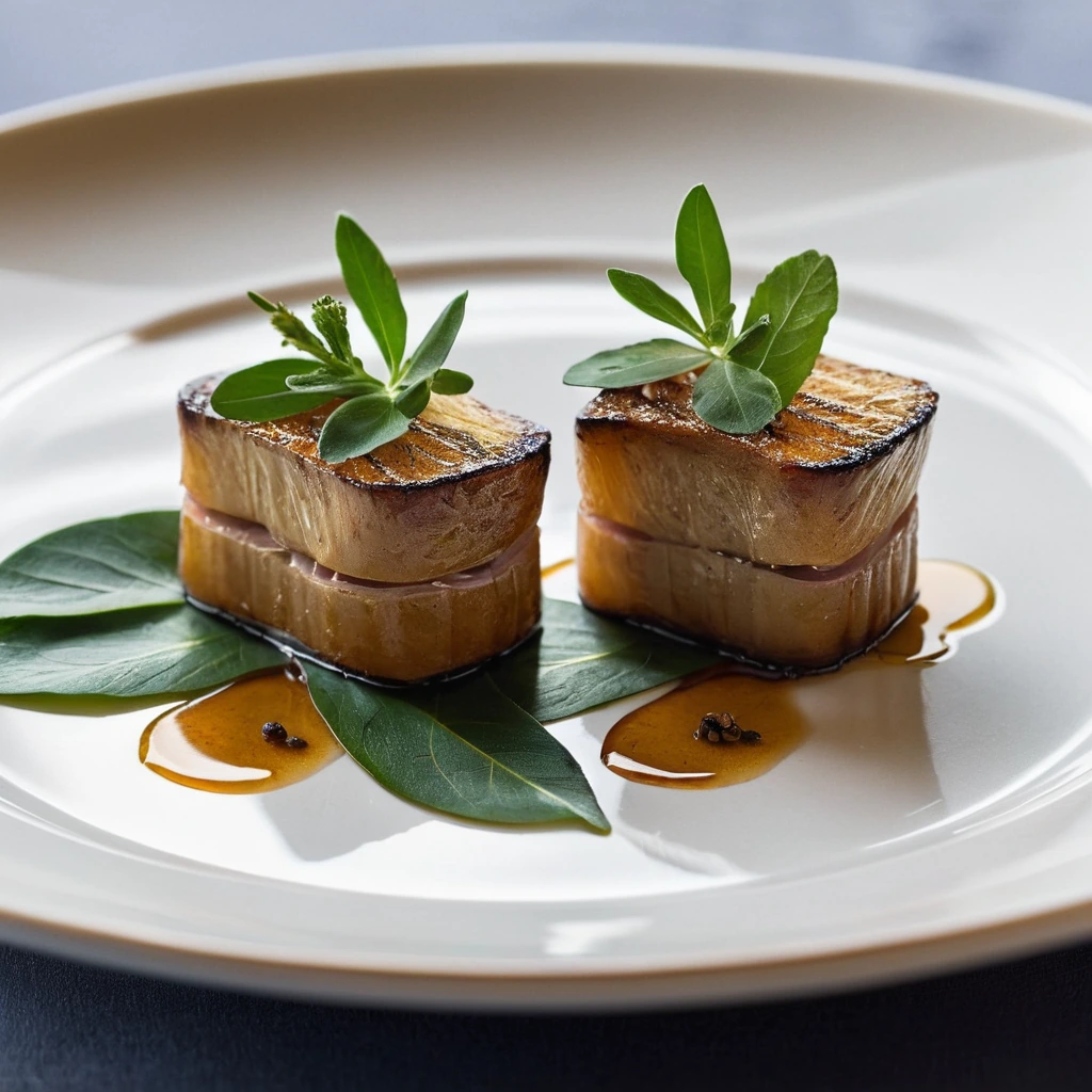 Two golden seared foie gras slices on a white plate, lightly caramelized edges, garnished with fresh herbs.