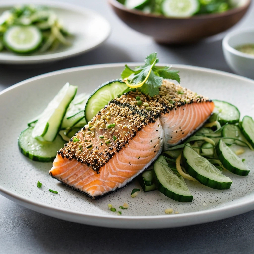 Plated sesame-crusted salmon with vibrant green cucumber salad on a white dish