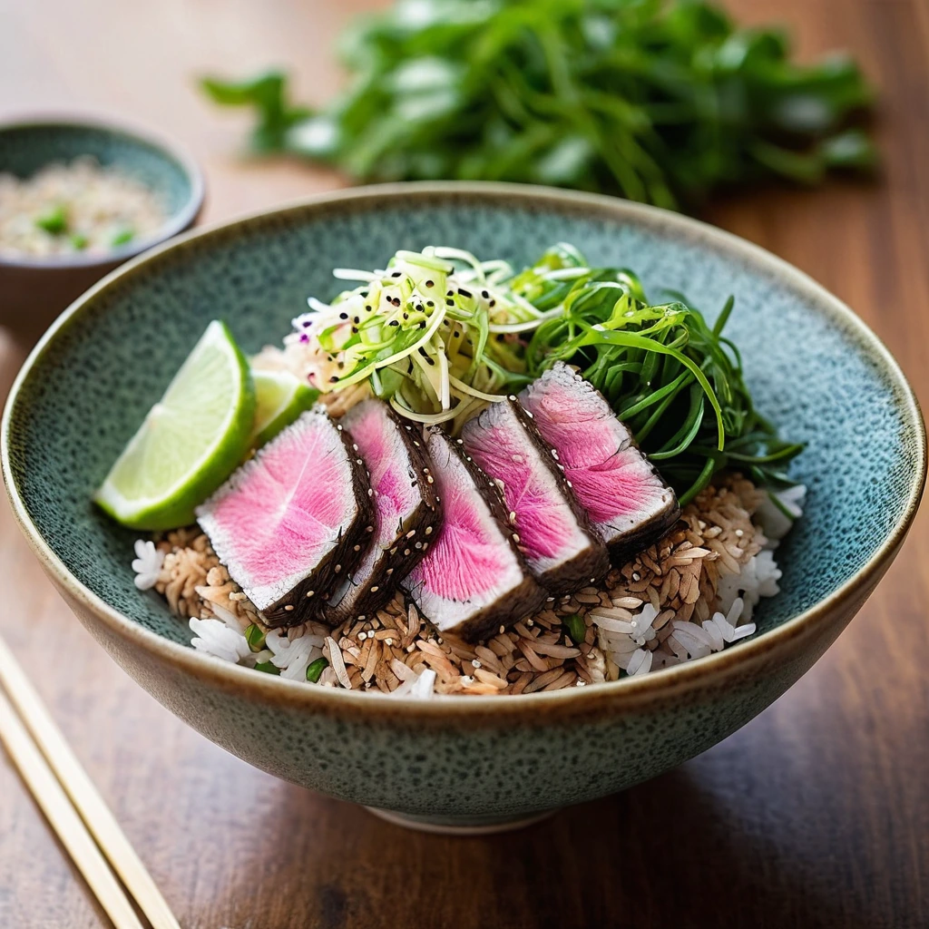 Colorful rice bowl with seared tuna steak on top, sprinkled with sesame seeds and garnished with green onions.