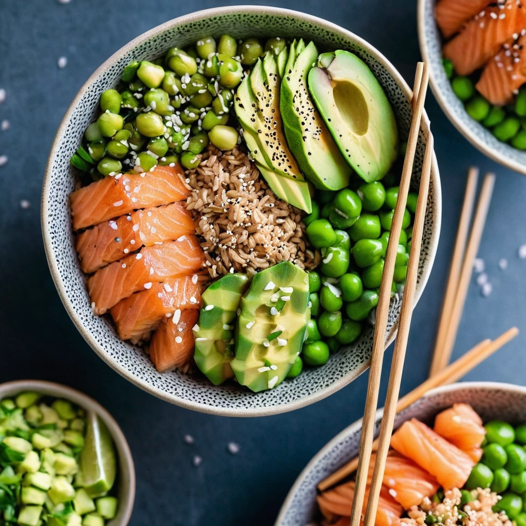 Colorful poke bowls with sesame-crusted salmon, avocado, cucumber, and edamame in a vibrant ginger sauce.