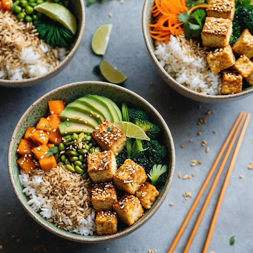 A colorful bowl of fluffy jasmine rice topped with golden crispy tofu cubes and sprinkled with sesame seeds, drizzled with a vibrant orange sauce.