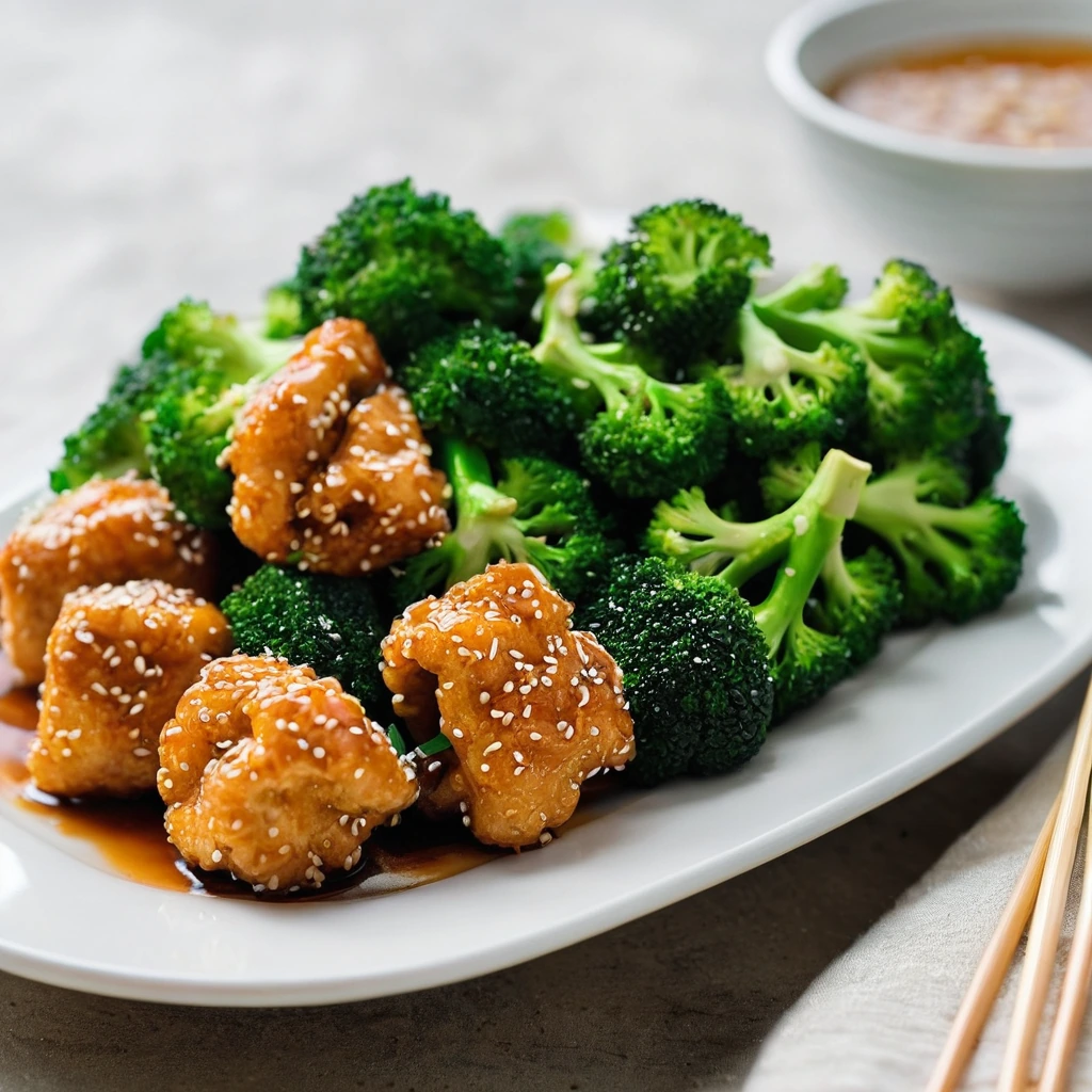 Golden chicken bites in orange sauce with green broccoli on a white plate