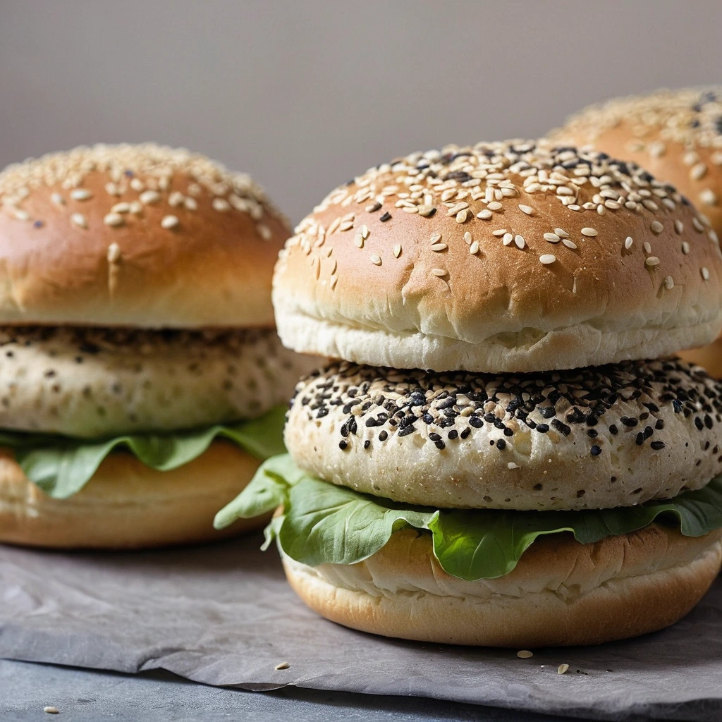 Soft golden burger buns with a sprinkle of black and white sesame seeds on top.