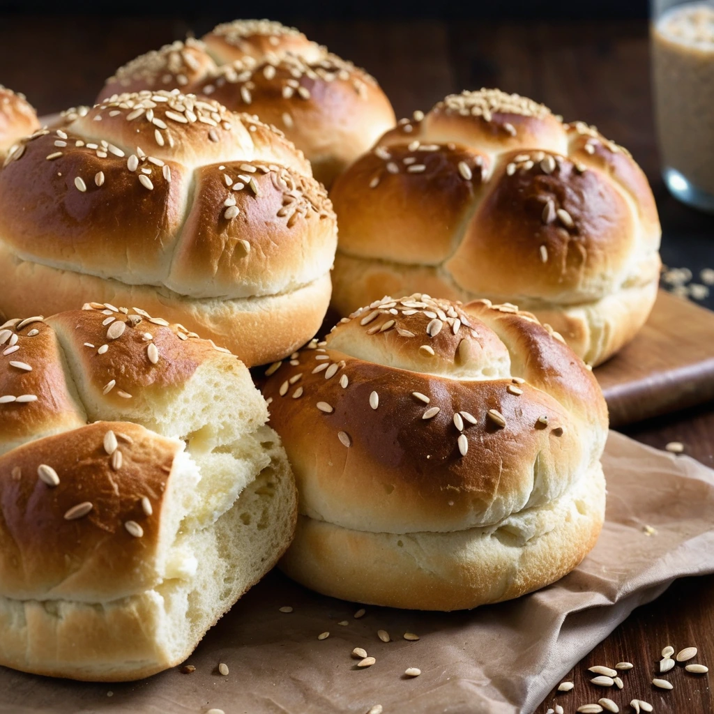 Golden dinner rolls sprinkled with sesame seeds, arranged on a rustic wooden board.