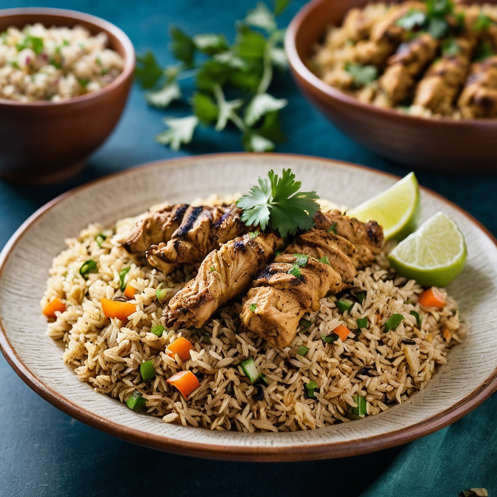Golden rice pilaf with tender chicken pieces, sprinkled with fresh parsley and a squeeze of lemon.