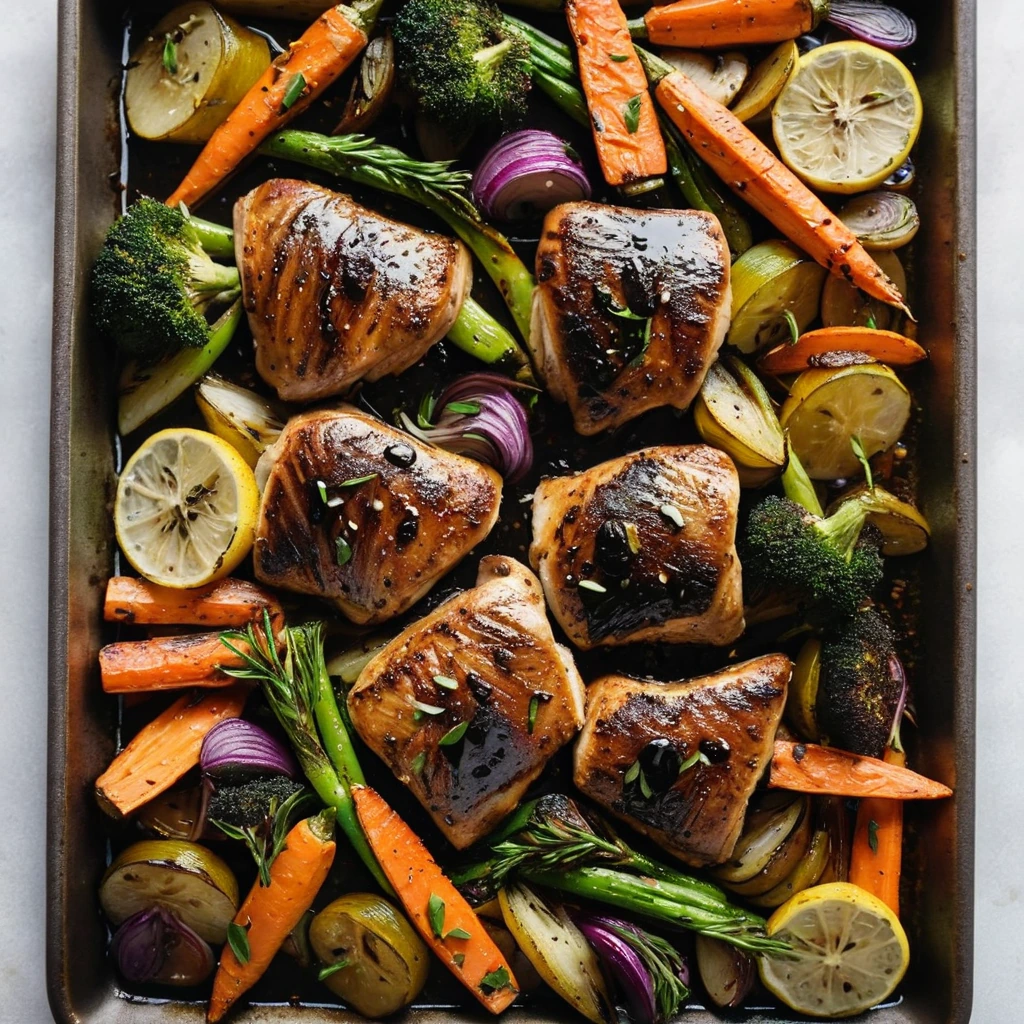 Golden chicken thighs surrounded by roasted carrots, zucchini, and onions, drizzled with a dark balsamic glaze on a sheet pan.