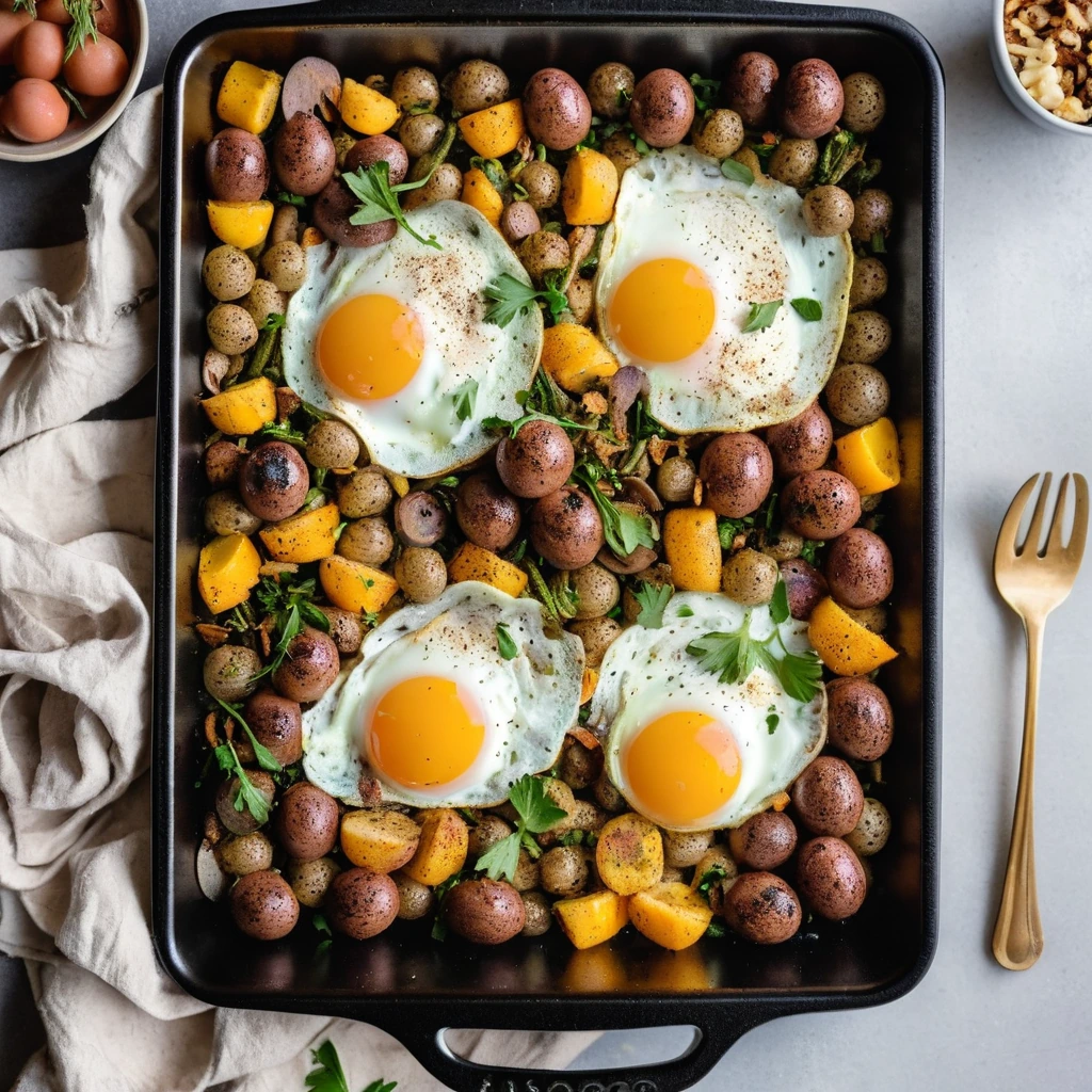 Sheet pan filled with golden hash, crumbled sausage, and orange yolks of poached eggs nestled on top