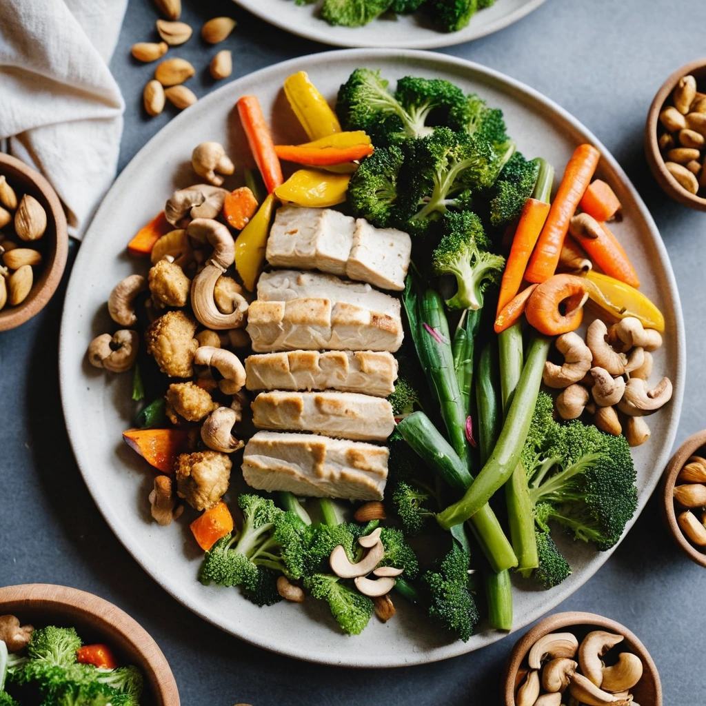 Sheet pan with golden roasted chicken pieces and colorful vegetables topped with glossy cashew sauce and whole cashews.
