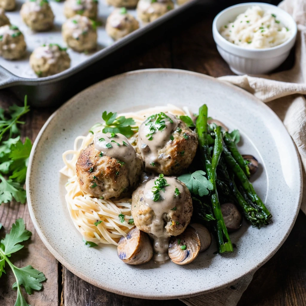 Sheet Pan Creamy Mushroom Chicken Meatballs