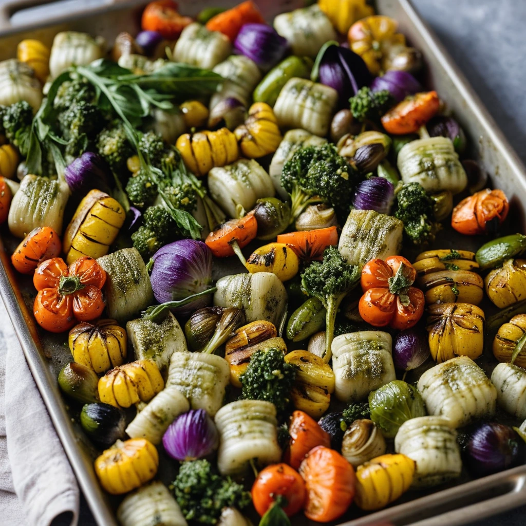 Sheet pan with roasted multicolored vegetables and gnocchi, drizzled with green pesto.