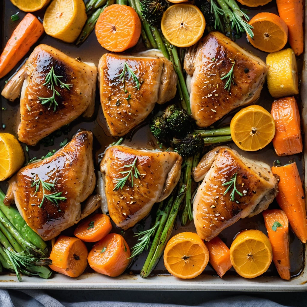 Golden chicken thighs and orange carrots glistening with honey garlic glaze on a sheet pan