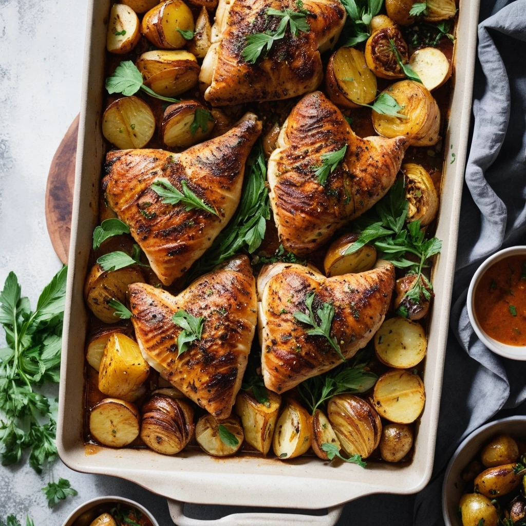 Sheet pan with roasted chicken thighs and potatoes, drizzled with a golden honey glaze and sprinkled with fresh herbs.