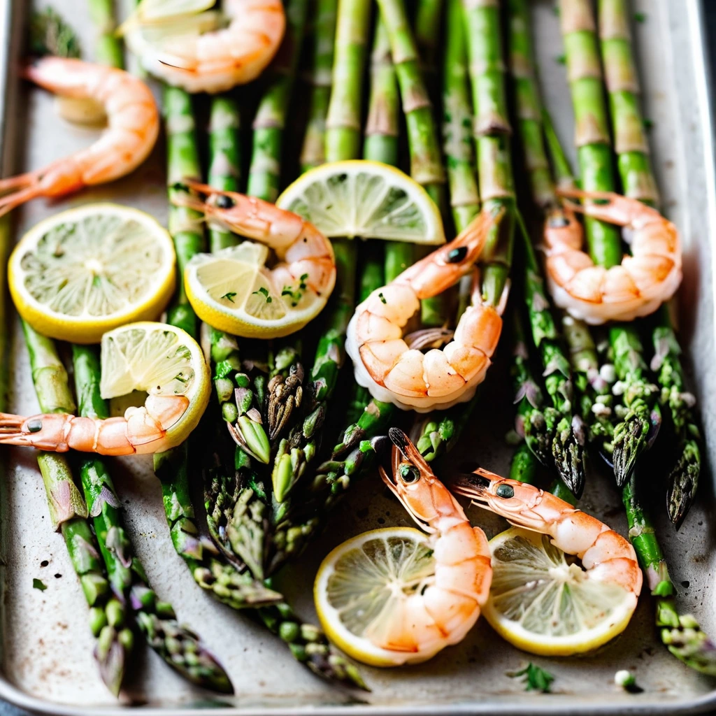 Golden shrimp and vibrant green asparagus roasted on a sheet pan, sprinkled with lemon slices and fresh herbs.
