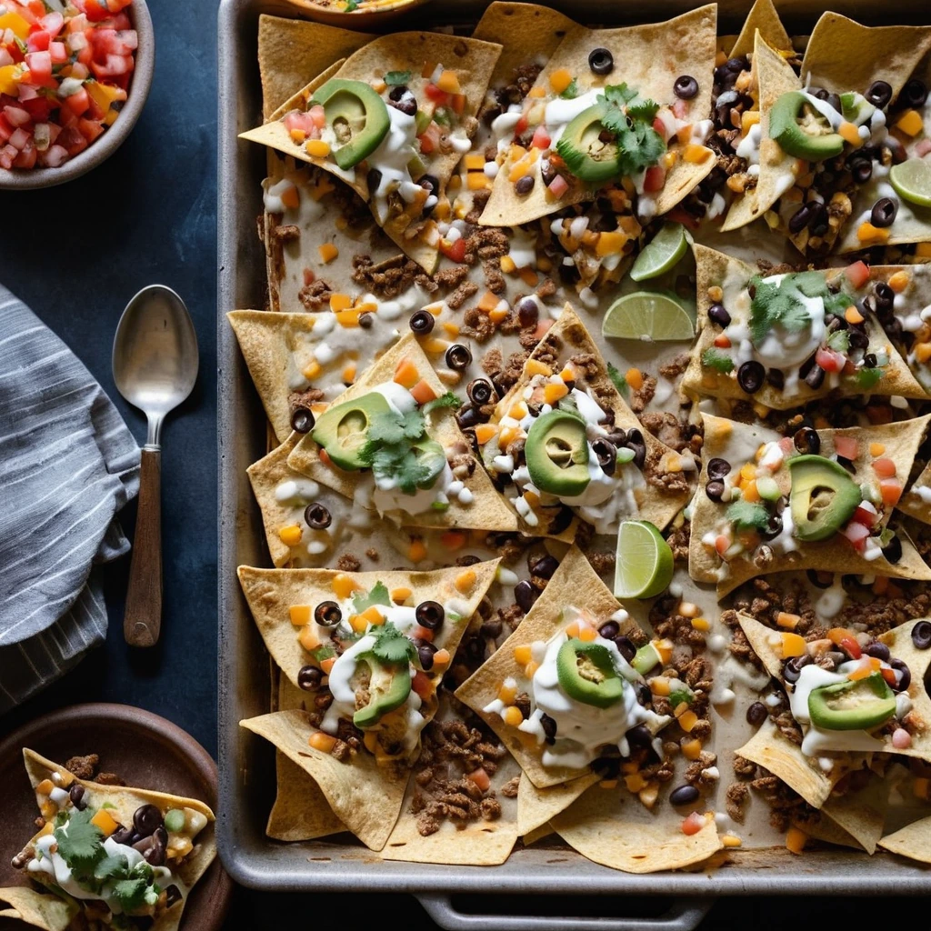 Sheet pan filled with golden tortilla chips topped with melted orange cheese, refried beans, diced tomatoes, and green onions.