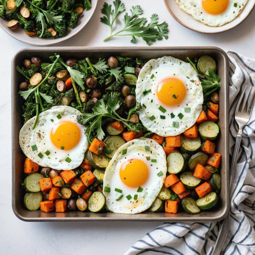 Sheet pan filled with roasted vegetables and sunny-side-up eggs, garnished with fresh parsley.