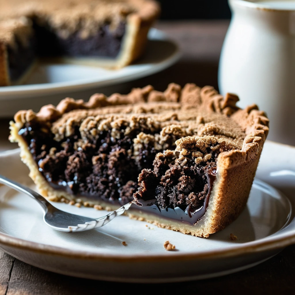 Slice of shoofly pie on a rustic plate with golden streusel topping and a glossy, dark molasses filling.