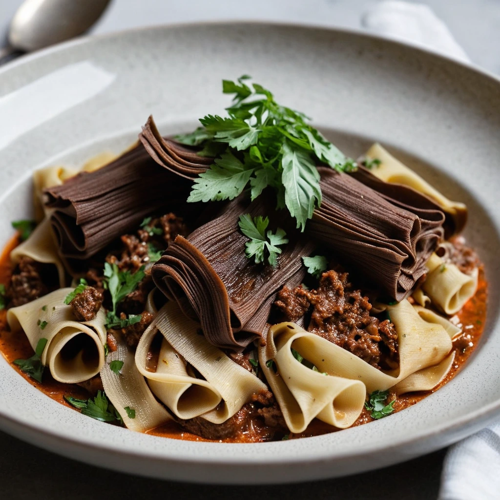 Generous portion of wide pappardelle pasta smothered in a deep red, meaty ragù, topped with a sprinkle of fresh parsley.