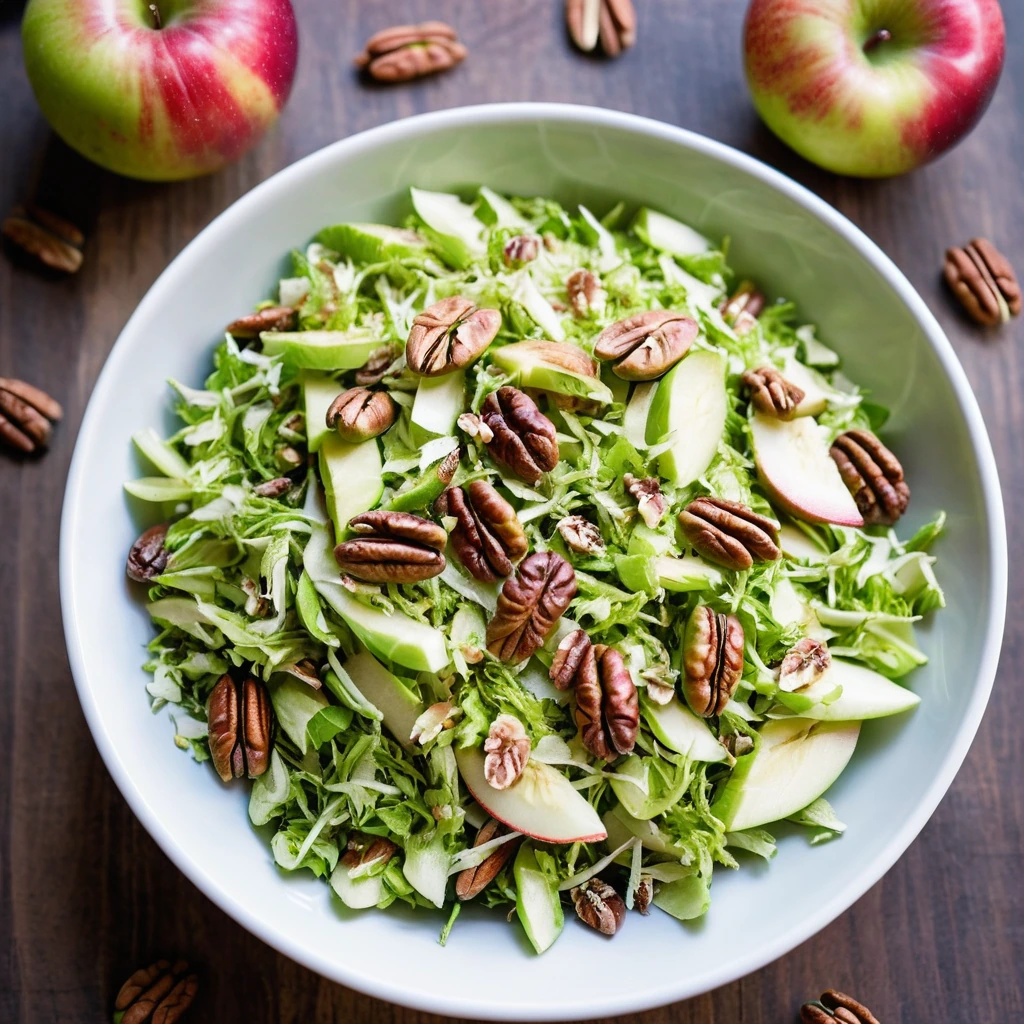Vibrant green shredded brussels sprouts mixed with red apple slices and golden toasted pecans on a white plate.