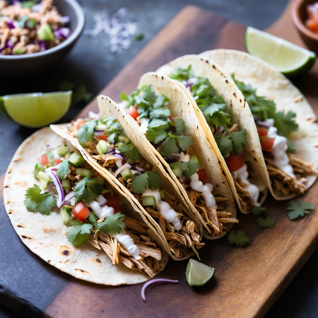 Colorful street tacos with shredded chicken, topped with a charred salsa, nestled on a rustic wooden board.