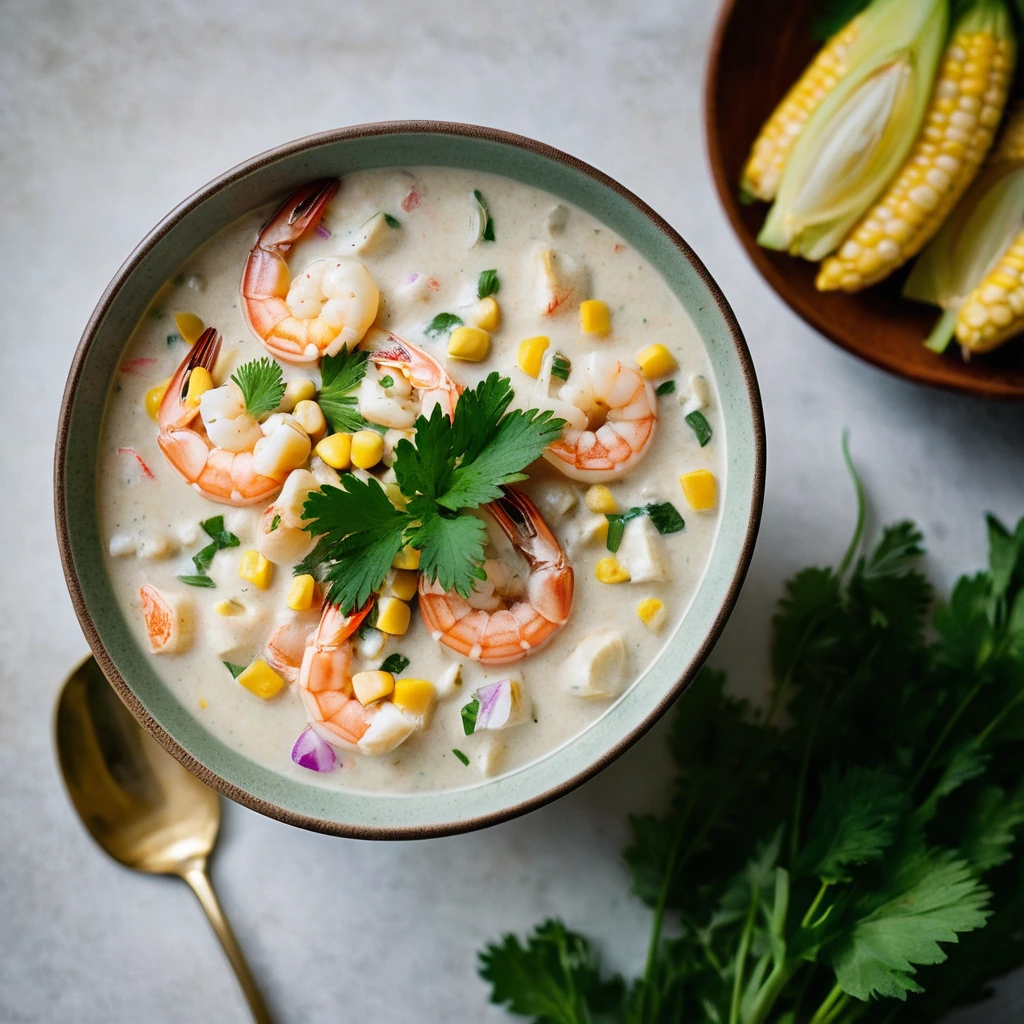 Bowl of creamy chowder with chunks of shrimp and corn, garnished with fresh cilantro.
