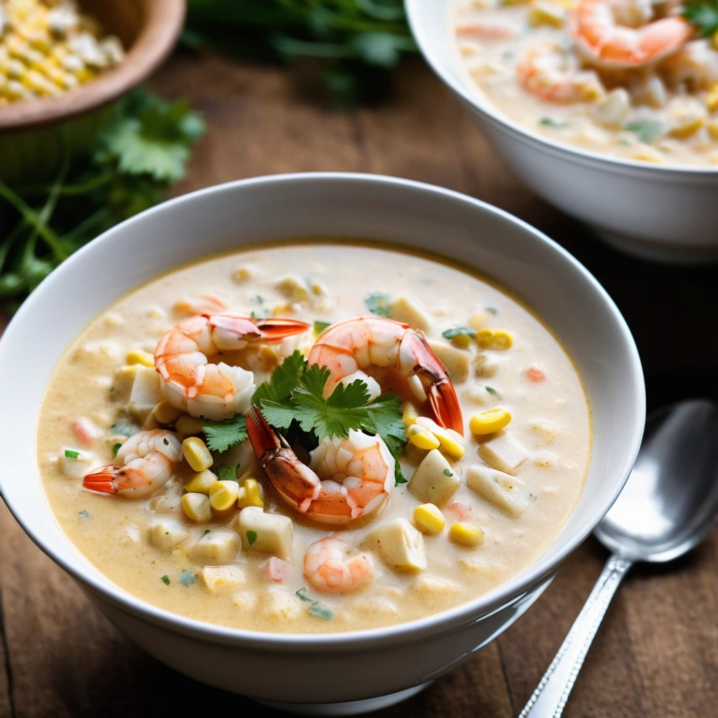 golden chowder in a rustic bowl with chunks of shrimp, crab, and corn.